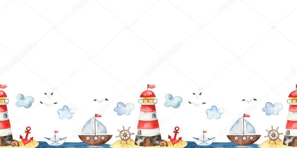 Children sailors on the sea landscape, ships on a white background. Watercolor seamless pattern