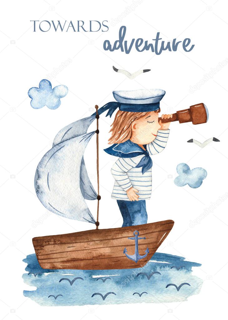 Children sailors on the sea landscape, ships on a white background. Watercolor seamless pattern