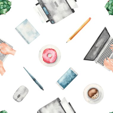 Ofis ekipmanları, dizüstü bilgisayar, kahve, çörek, beyaz arka planda akıllı telefon. Suluboya kusursuz desen