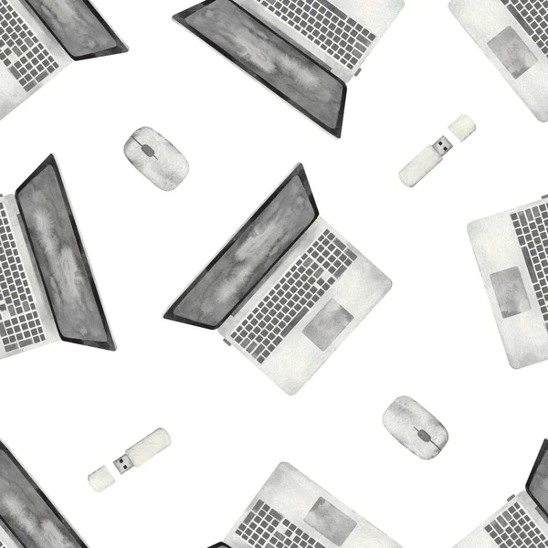 Εξοπλισμός Γραφείου Λάπτοπ Ποντίκι Υπολογιστή Φλασάκι Λευκό Φόντο Υδατογραφία Χωρίς — Φωτογραφία Αρχείου