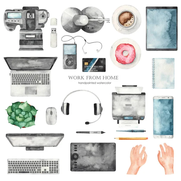 Trabalhe Casa Com Equipamento Escritório Laptop Câmera Smartphone Clipart Aquarela — Fotografia de Stock