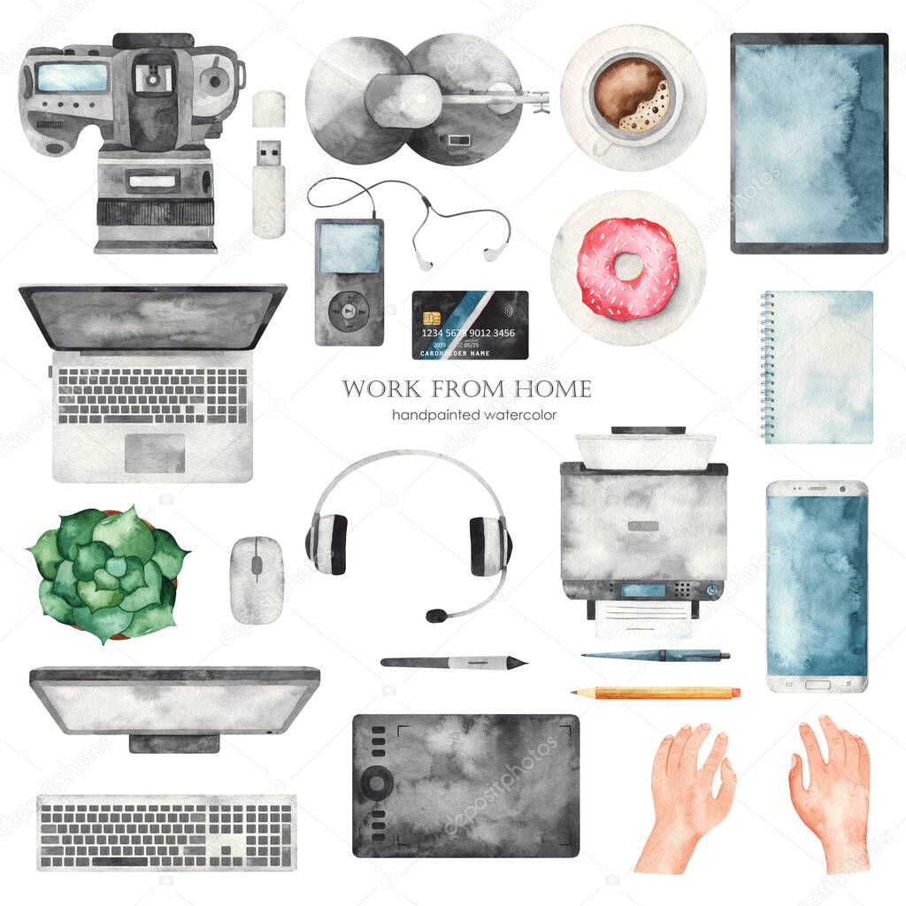 Work from home with office equipment, laptop, camera, smartphone. Watercolor clipart