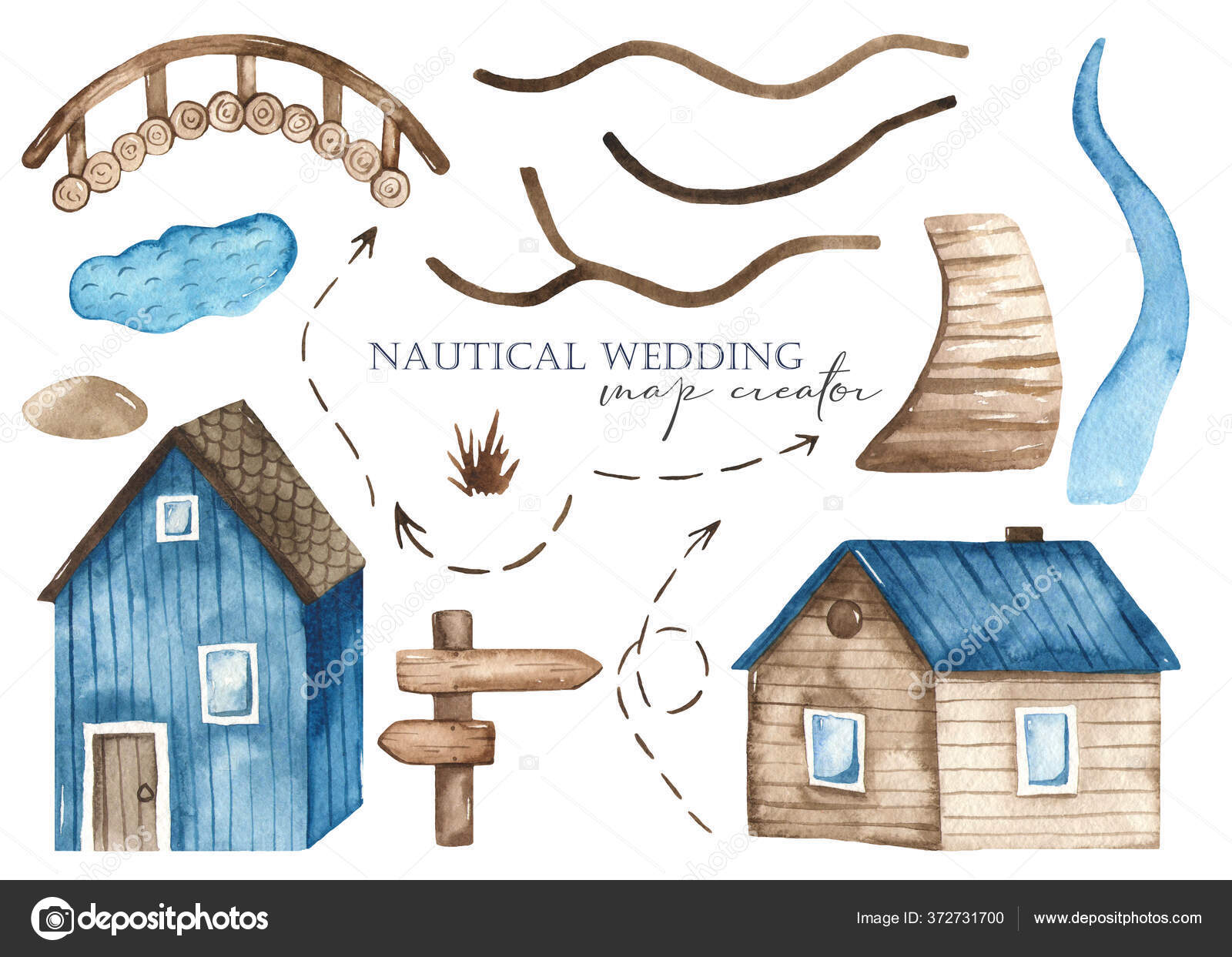 Houses Bridge Signposts Roads River Lake Watercolor Hand Drawn Clipart