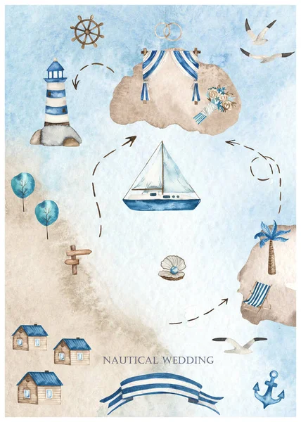 Schiffe Leuchtturm Bogen Wasserfarbe Nautische Hochzeit Handgezeichnete Karte — Stockfoto