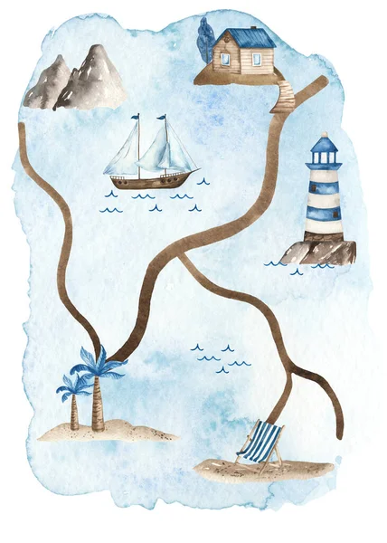 Hory Dům Stezky Maják Námořní Mapa Akvarelů Ručně Kreslená Ilustrace — Stock fotografie