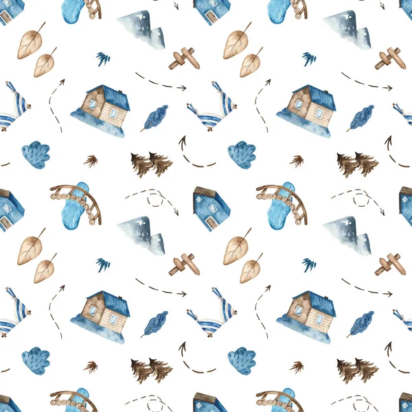 Houses, trees, bridge on a white background. Watercolor nautical wedding pattern
