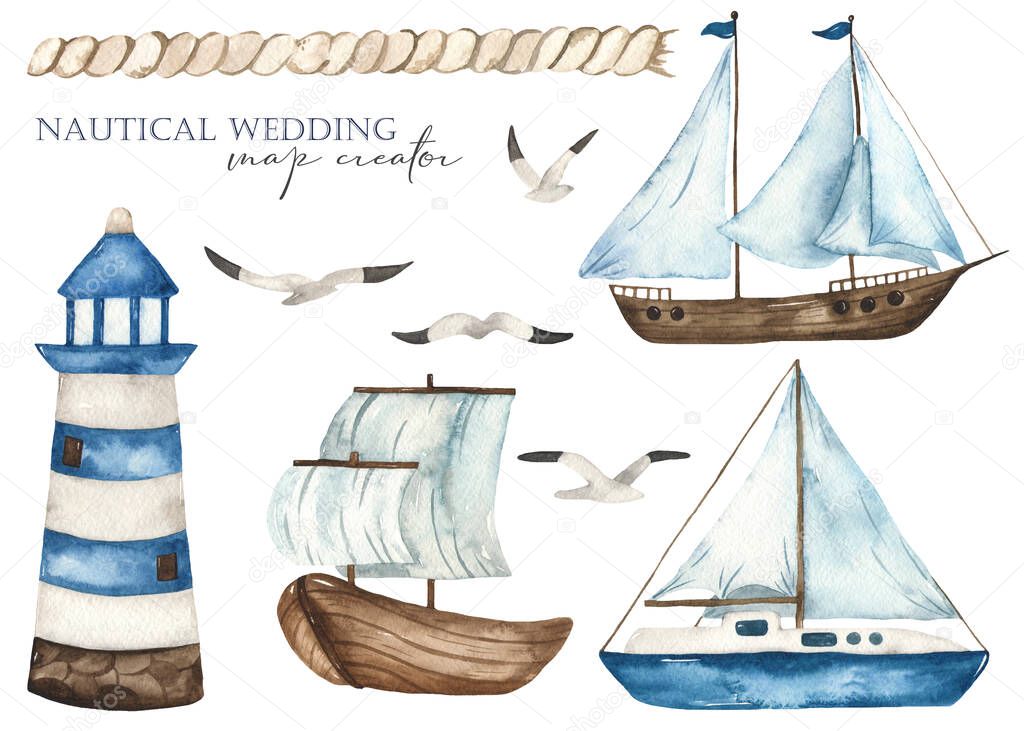 Lighthouse, ships, rope, seagulls. Nautical watercolor hand drawn clipart
