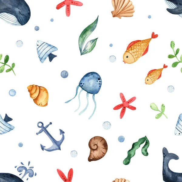 Морские Существа Киты Рыбы Медузы Раковины Водоросли Бесшовный Многонаправленный Рисунок — стоковое фото