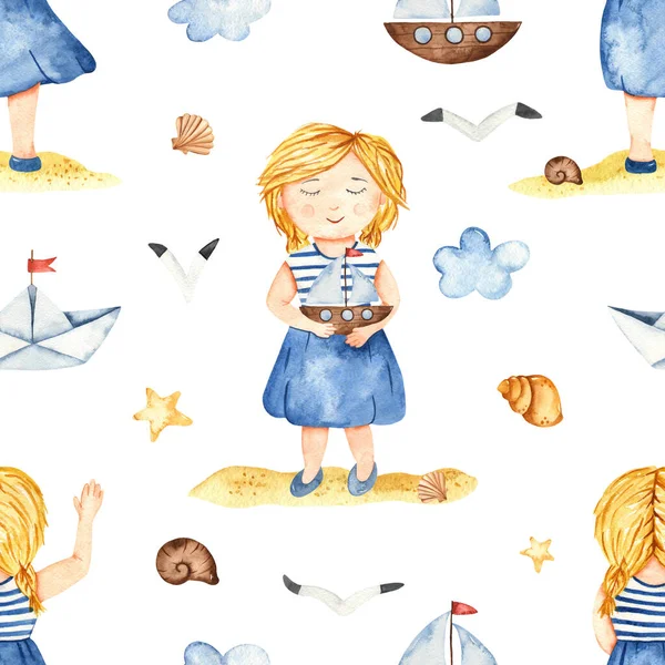 Girl Sailor Boat Clouds Shells Seagulls Watercolor Seamless Pattern — Stock Photo, Image