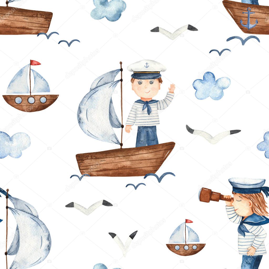 Little boy on a ship on a white background. Watercolor seamless pattern
