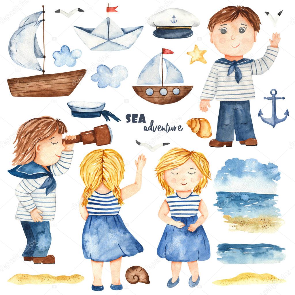 Little sailors, girls, boys, ships, sailor hats, anchor, clouds, seagulls, shells, seascape. Nautical watercolor hand drawn set