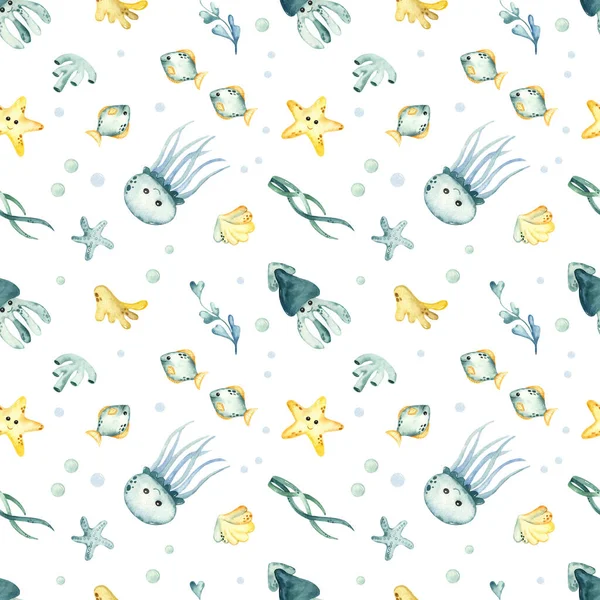 Underwater creatures, jellyfish, squid, starfish, algae, corals on a white background. Watercolor seamless pattern
