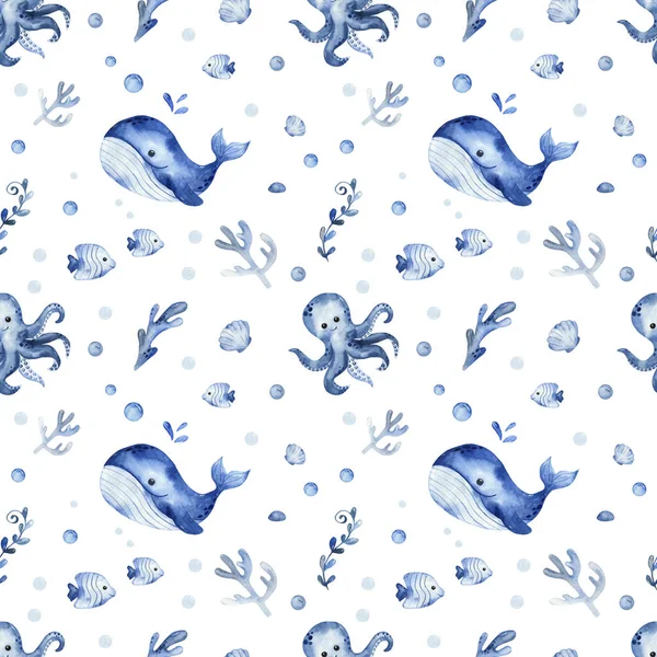 Underwater creatures, whale, octopus, fish, algae, corals on a white background. Watercolor seamless pattern