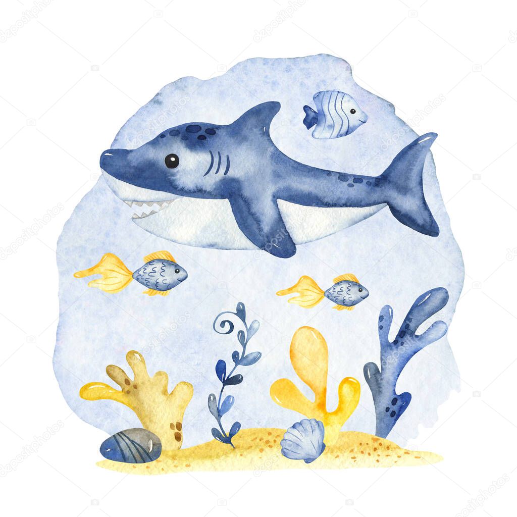 Shark, fish, shell, coral, seaweed. Watercolor children's composition