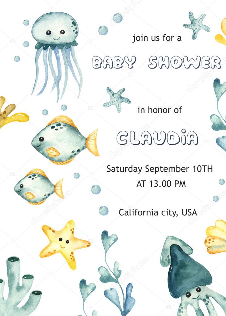 Underwater creatures, jellyfish, squid, fish, seaweed. Watercolor baby shower hand drawn card