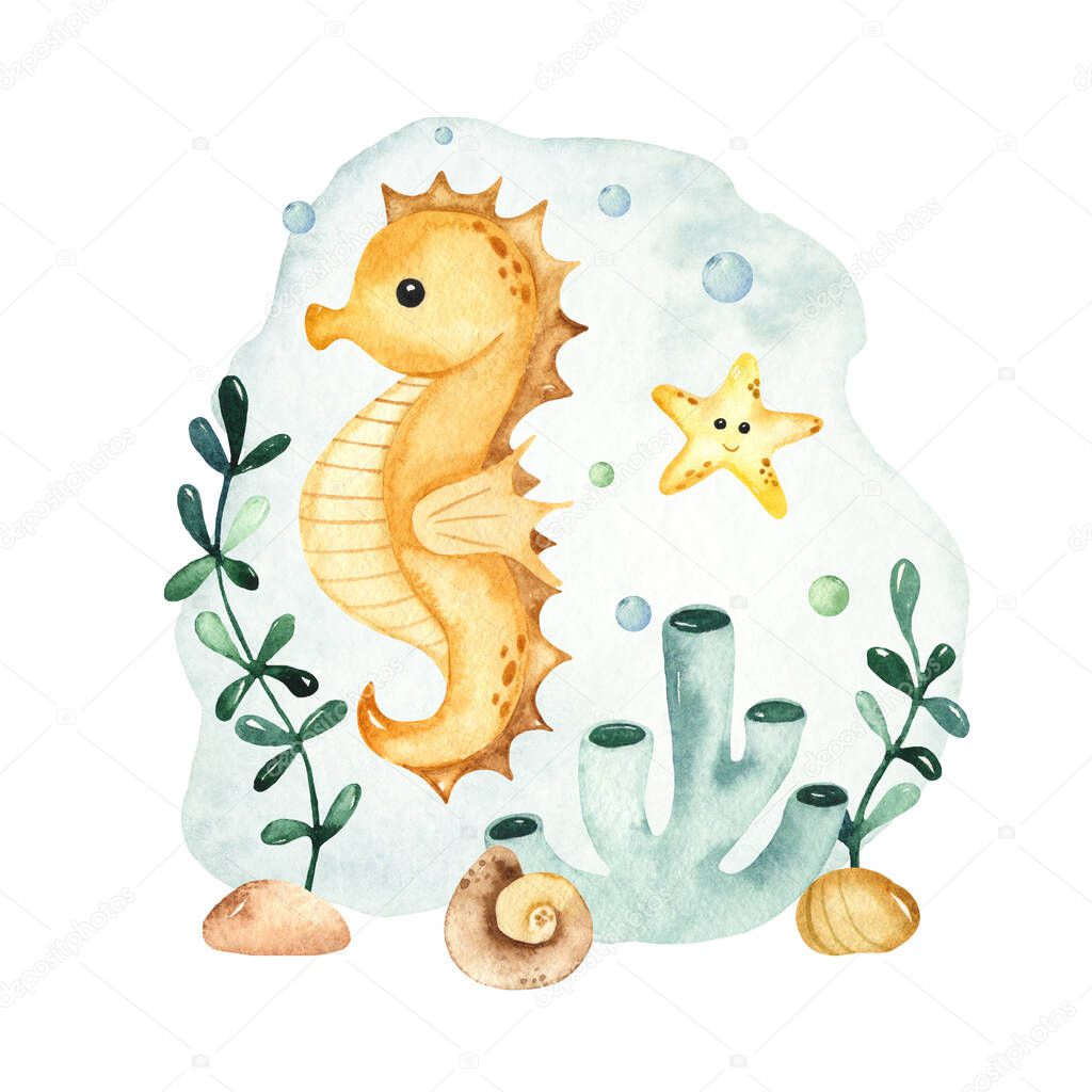 Seahorse, starfish, seaweed. Watercolor hand drawn composition