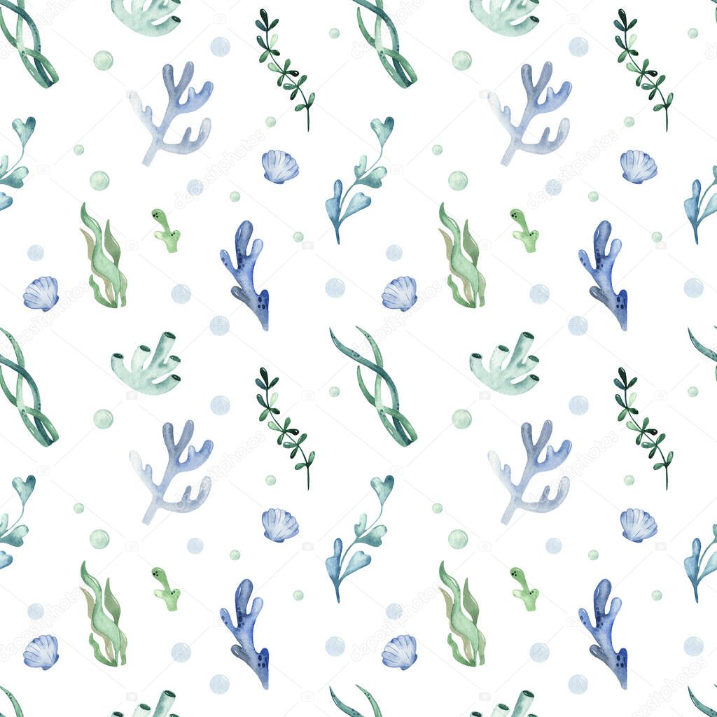 Algae, corals on a white background. Watercolor seamless pattern