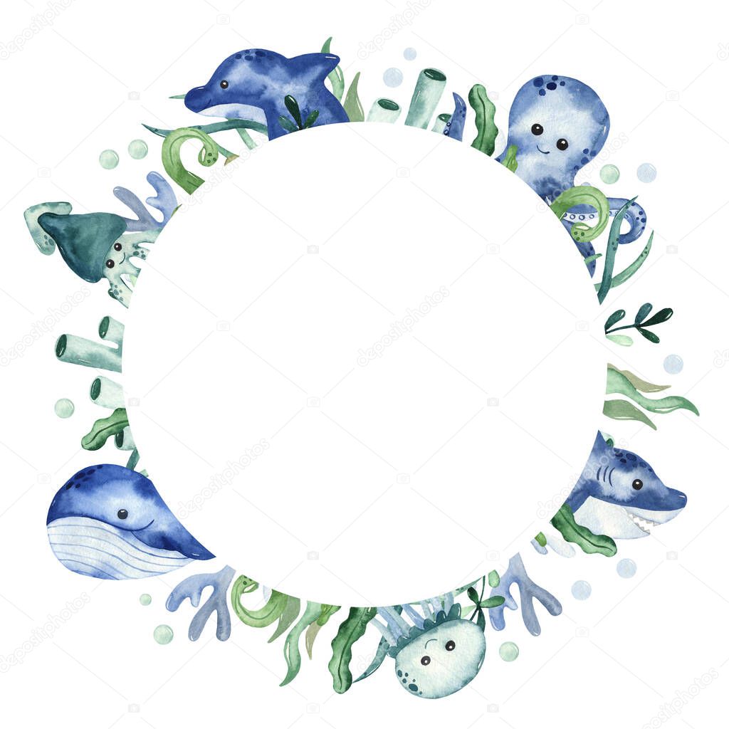 Sea creatures, fish, algae and corals. Watercolor hand drawn round frame