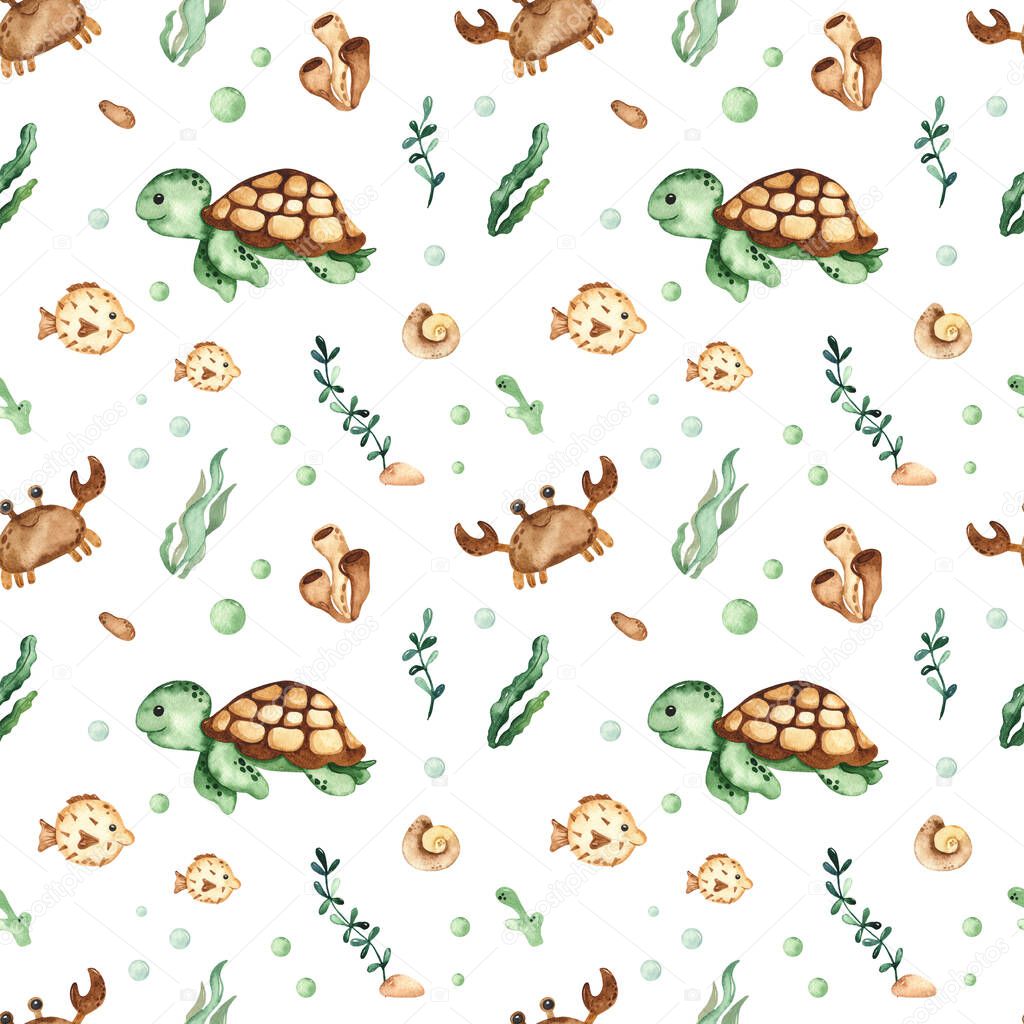 Underwater creatures, sea turtle, fish, crab, algae, corals on a white background. Watercolor seamless pattern