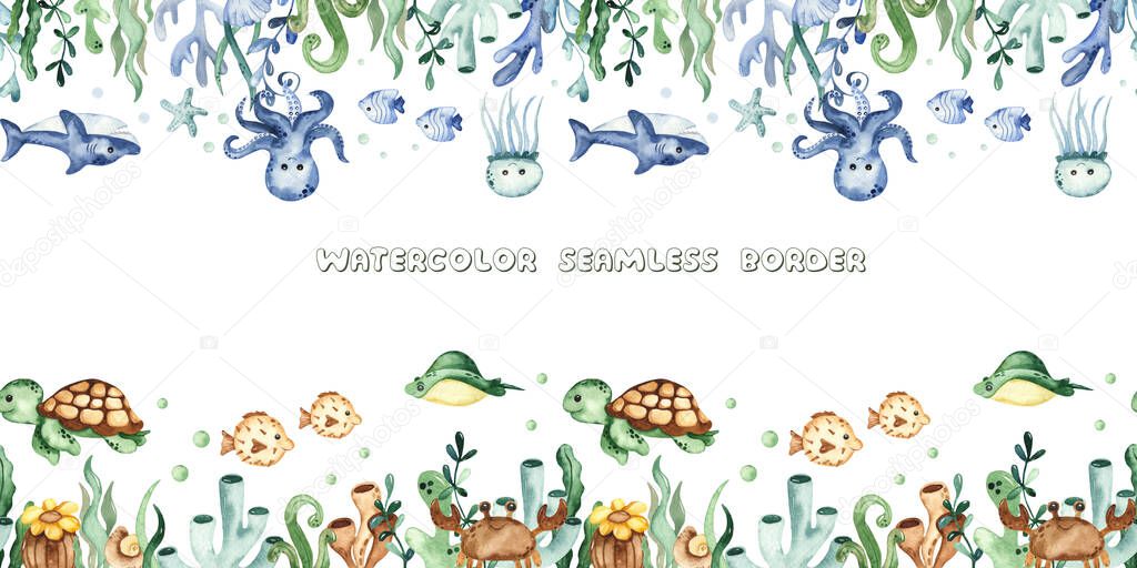 Underwater creatures, sea turtle, shark, octopus, algae, corals. Watercolor seamless border
