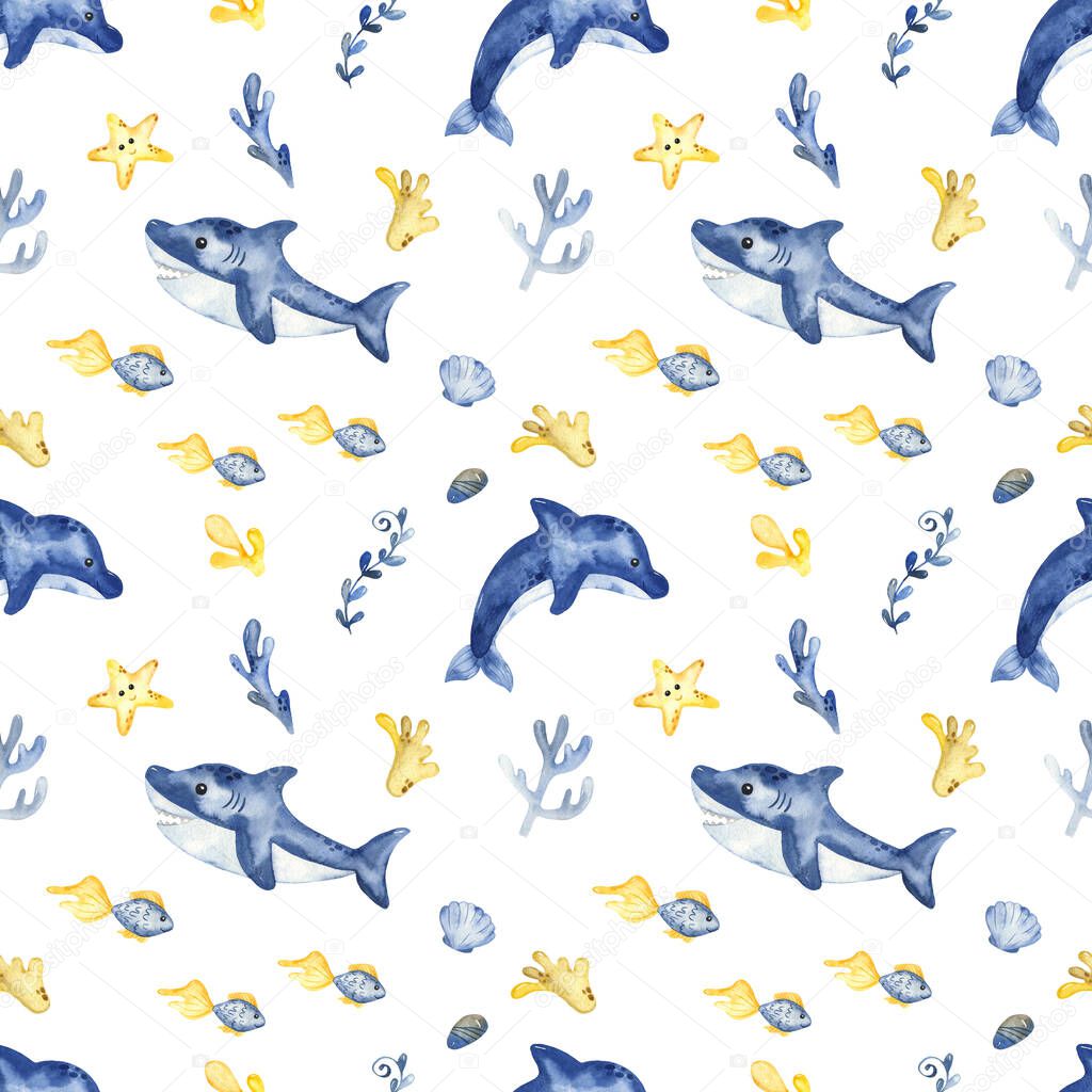 Underwater creatures, shark, dolphin, fish, algae, corals on a white background. Watercolor seamless pattern