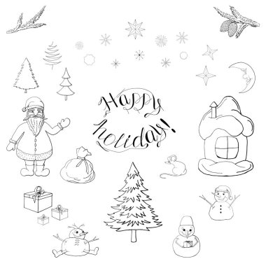 Mutlu tatil mektupları ve siyah beyaz Noel ağaçları, kar taneleri, hediyeler, kardan adamlar, Noel Baba