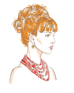 Profilde kolyesi olan genç kadınlar, elle çizilmiş moda.