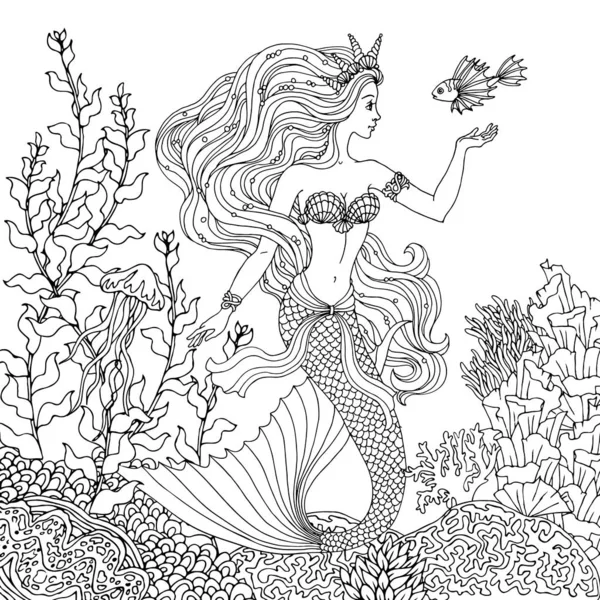 Sirena con peces bajo el mar, ilustración vectorial dibujado a mano en un — Archivo Imágenes Vectoriales