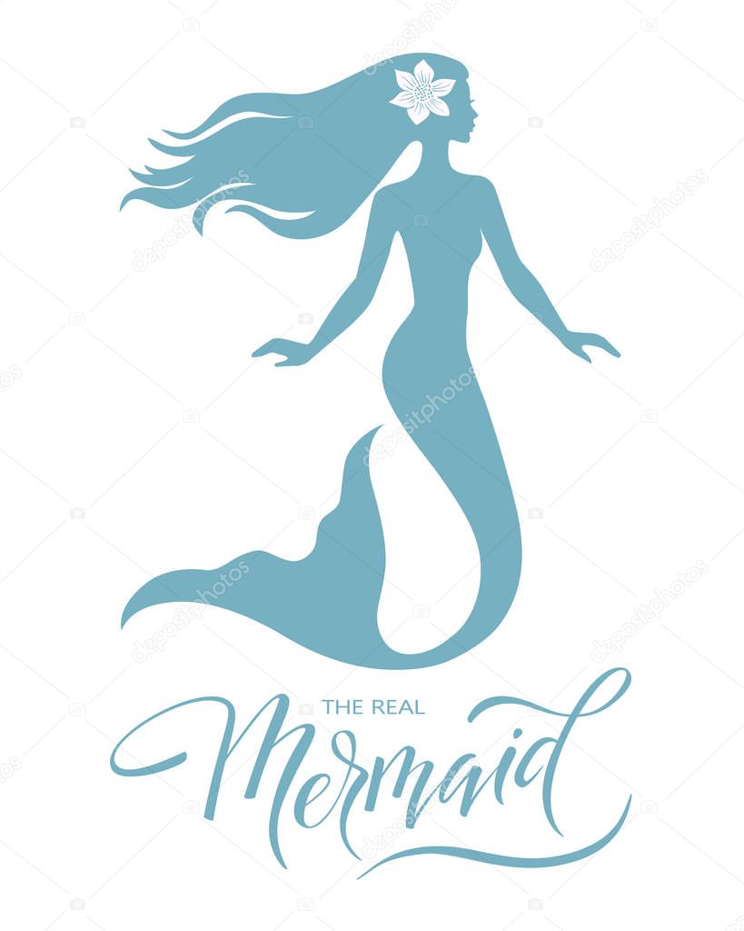 Mermaid  silhouette, hand drawn vector  illustration isolated on white, logo, t-shirt design.