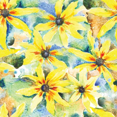 Rudbeckia. Çiçekli suluboya arka plan, pürüzsüz desen.