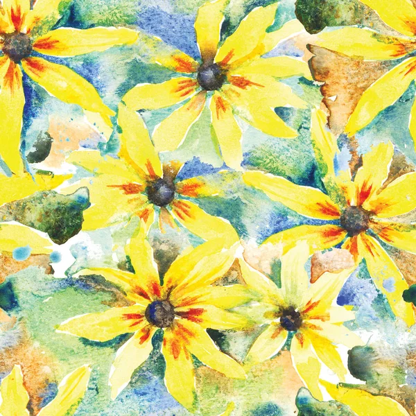 Rudbeckia. Blommig akvarell bakgrund, sömlös mönster. — Stockfoto