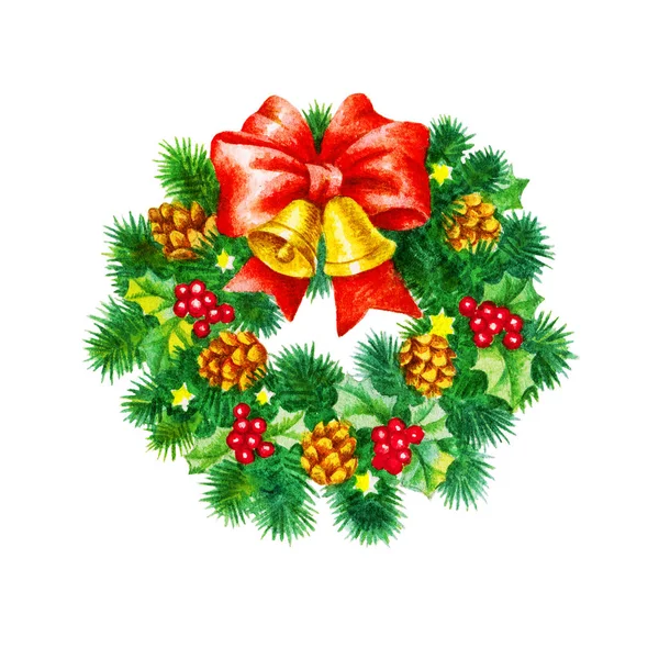 Weihnachtskranz, Aquarell-Illustration auf weißem Hintergrund. — Stockfoto