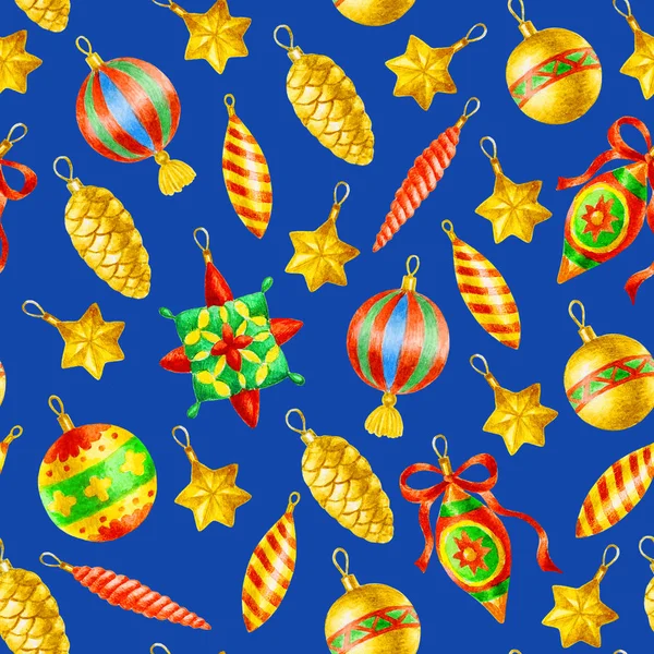 Handfärg akvarell sömlös mönster med jul dekoration — Stockfoto