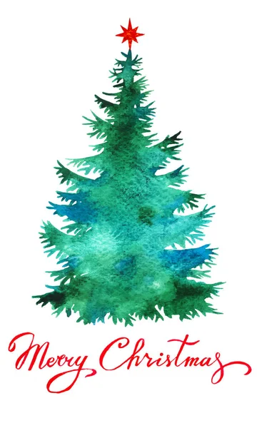 Julgran akvarell silhuett, design för gratulationskort — Stock vektor