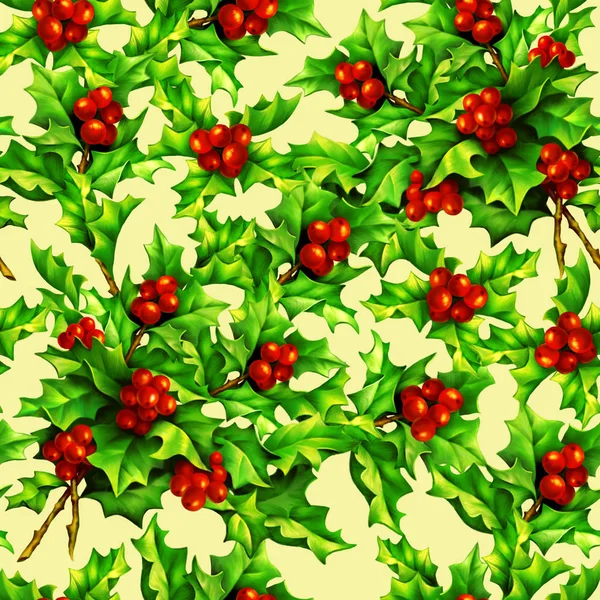 pattern with digital hand drawn holly berries