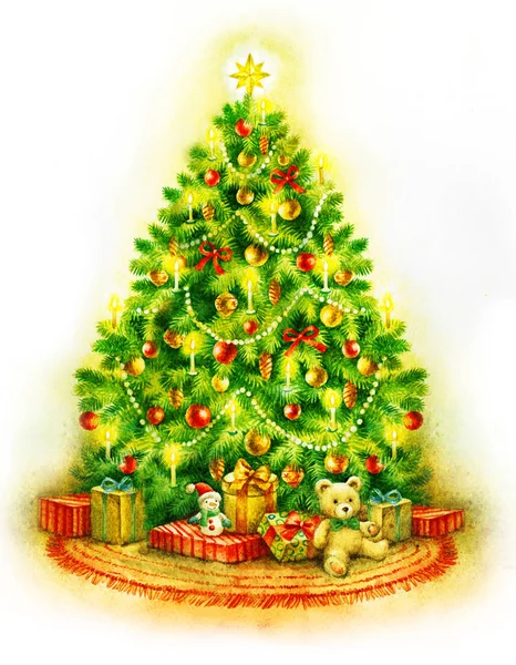 Χριστουγεννιάτικο δέντρο χέρι ζωγραφική ακουαρέλα εικονογράφηση — Φωτογραφία Αρχείου