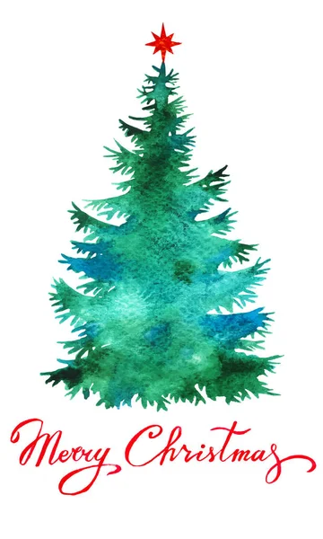 Silueta de acuarela de árbol de Navidad, diseño para tarjeta de felicitación — Vector de stock