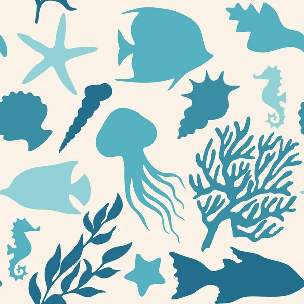 海の生命ベクトルシームレスパターンシルエット. — ストックベクタ