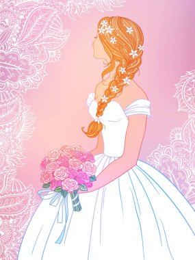 Gül buketli gelin, el çizimi vektör çizimi