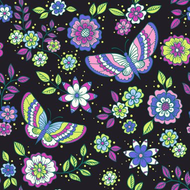 Çiçekli ve kelebekli çiçek vektör deseni