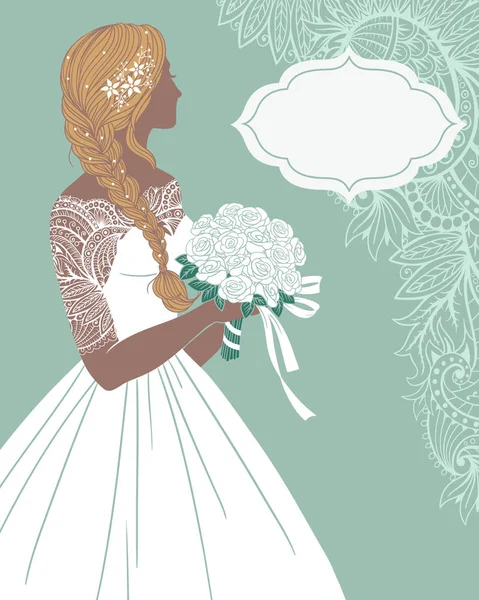 Schöne Braut mit einem Rosenstrauß mit Textrahmen — Stockvektor