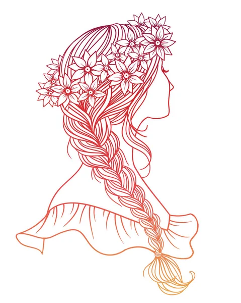 Girl with tress and wreath of flowers from the back, hand drawn — Stock Vector