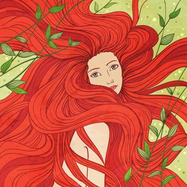 Красивая русалка с рыжими волосами, векторная иллюстрация . — стоковый вектор