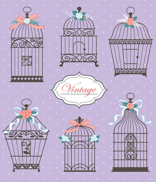 Set with vintage bird cages decorated with flowers and ribbons, — Stock Vector