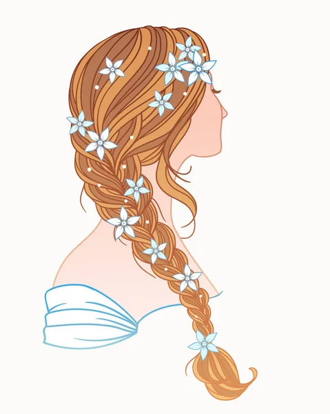 Menina com fortaleza, estilo de cabelo de casamento com flores, mão desenhada v — Vetor de Stock