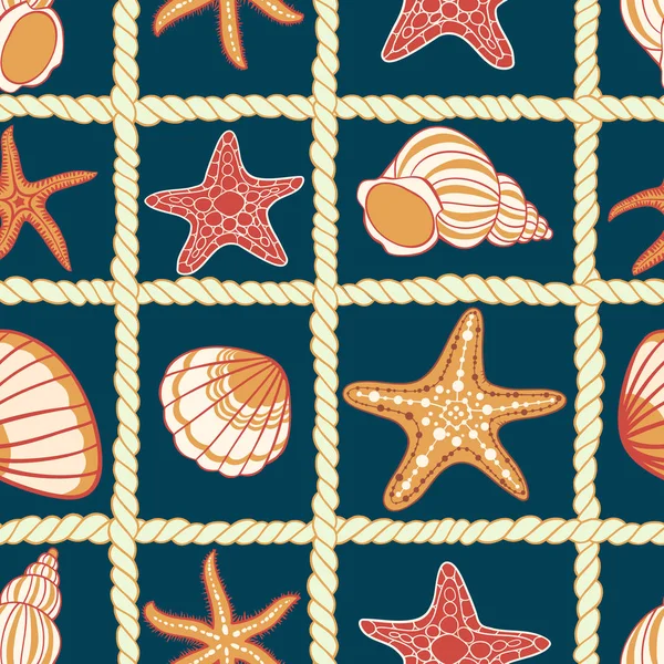 Marine summer vector  pattern with ropes, starfish and seashells — Stock Vector