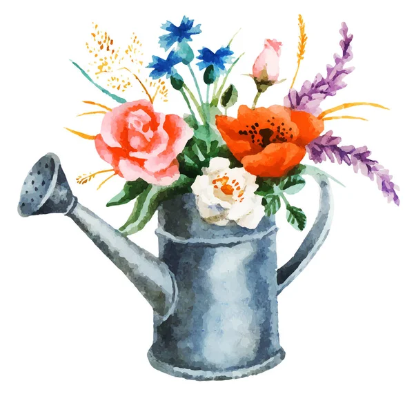 散水缶の花の水彩花束、ベクトルイラスト — ストックベクタ