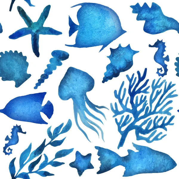 海の水彩ベクトル要素コレクションとシームレスなパターン — ストックベクタ