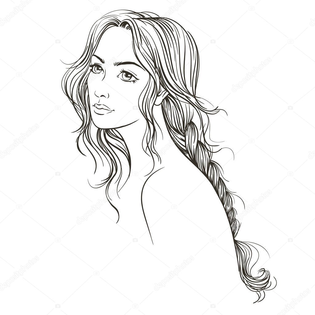 Hand drawn young beautiful women with long scythe, vector outline  illustration
