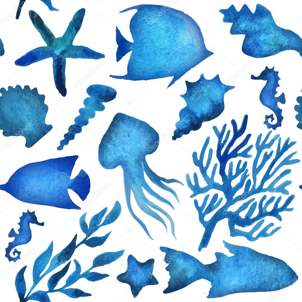 Seamless pattern with sea watercolor vector elements collection